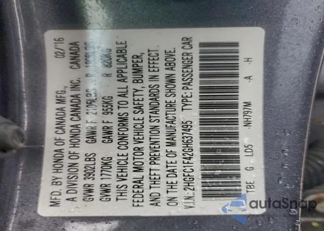 2016 Honda Civic Ex from USA, damaged, VIN 2HGFC1F42GH637495